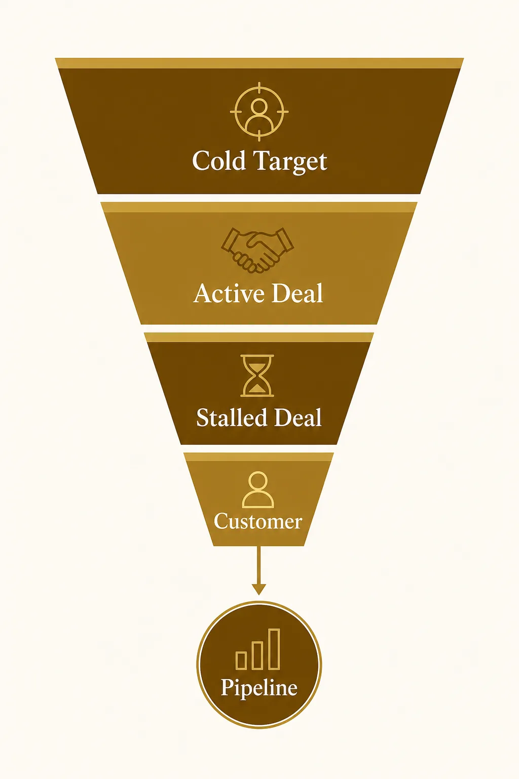 Diagram showing the enterprise dinner funnel from cold target through active and stalled deals to customer and pipeline