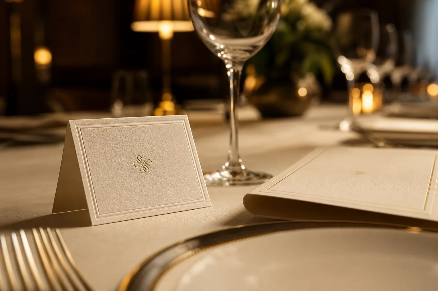 An embossed invitation-only place card and folded menu beside a wine glass on a candlelit executive dinner table