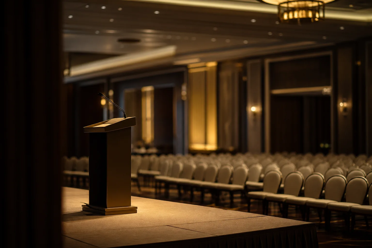 An empty summit stage with lectern and fanned rows of premium seating awaiting a large B2B conference audience