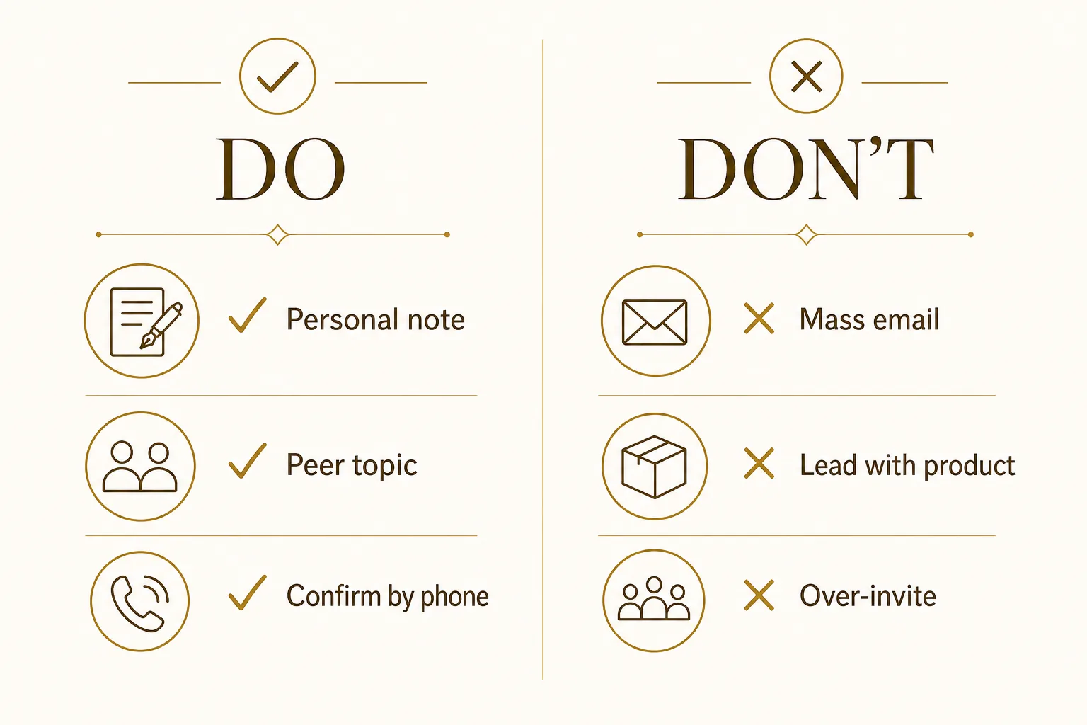Infographic listing do and don't best practices for inviting senior executives to a dinner