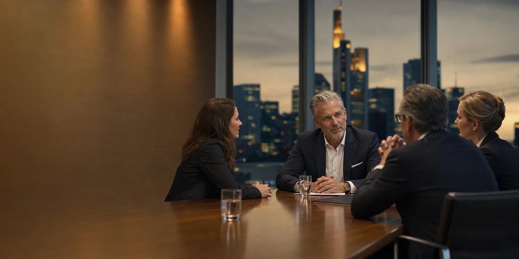 Senior executives leaning in around a polished boardroom table at dusk in an intimate roundtable discussion