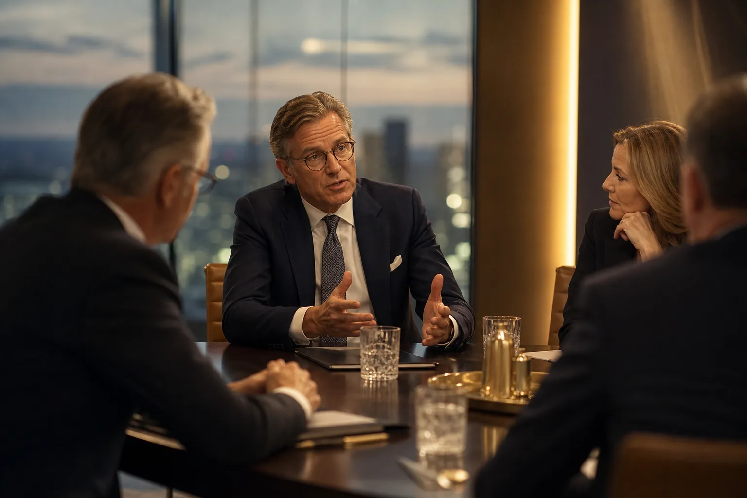 A small group of senior executives leaning in around a polished table in mid-discussion