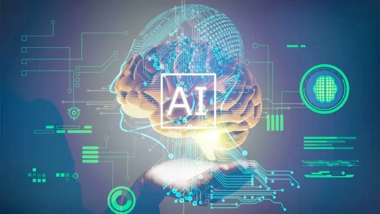 Holographic AI brain hovering above hand with futuristic tech interface graphics.