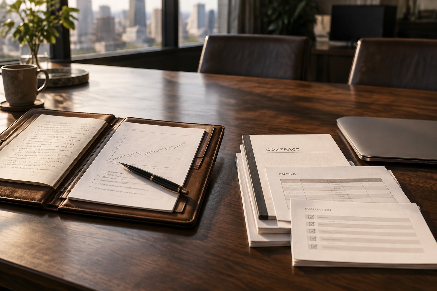 Boardroom table with a strategy folio on one side and a stack of contracts, pricing schedules and scoring sheets on the other, showing the two different ways executives and procurement evaluate a deal