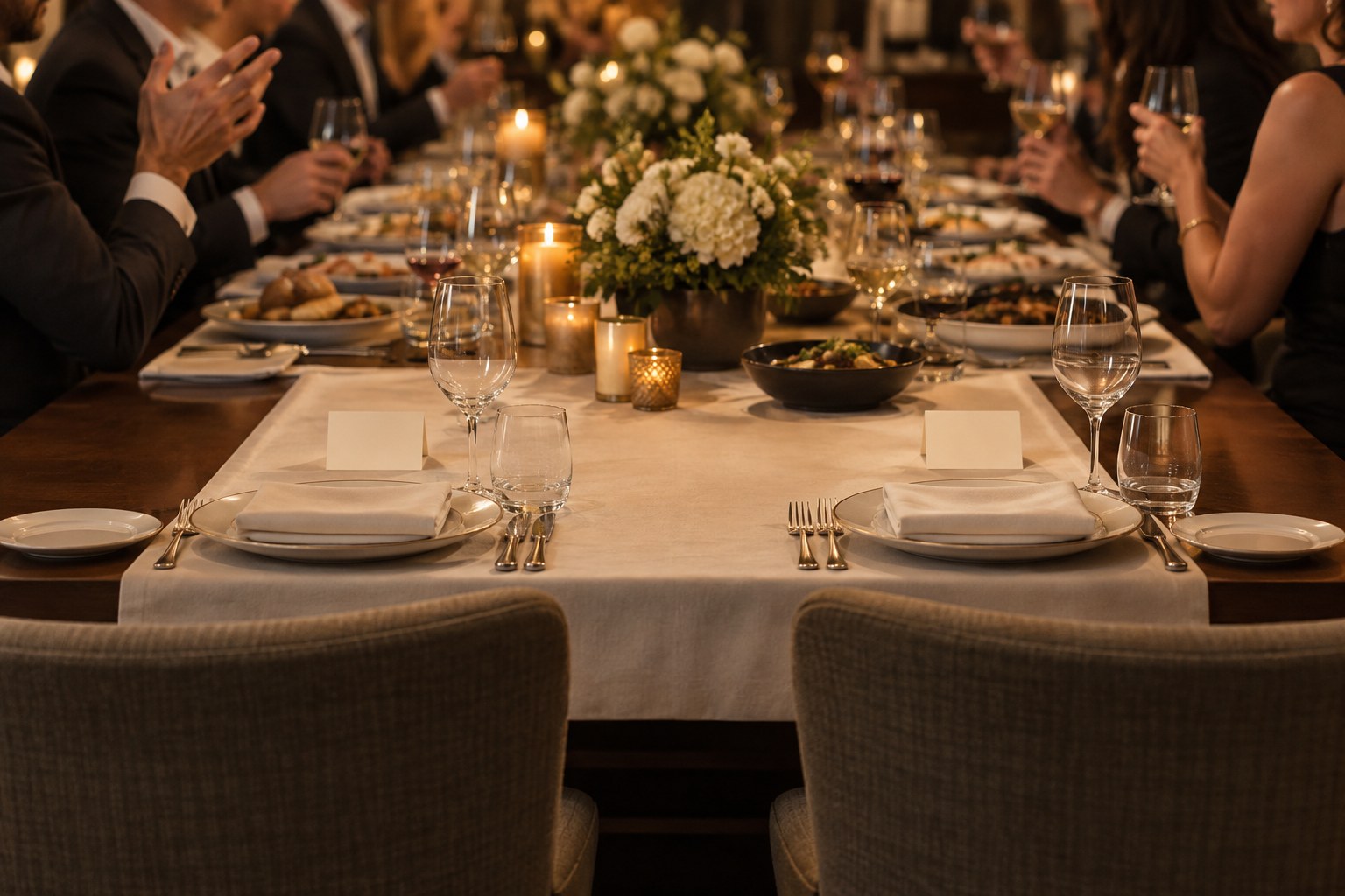 Candlelit executive dinner table for twelve with two untouched place settings and empty chairs among guests already seated