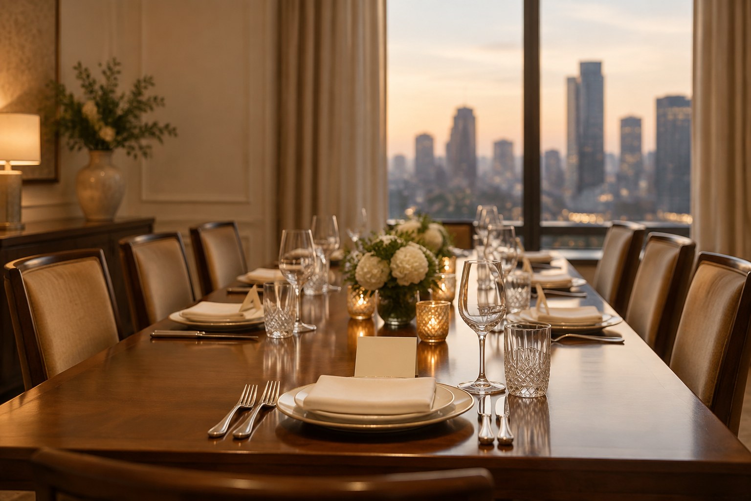 Candlelit private dining table set for eight executives before an invitation-only B2B dinner, with blank place cards at each seat