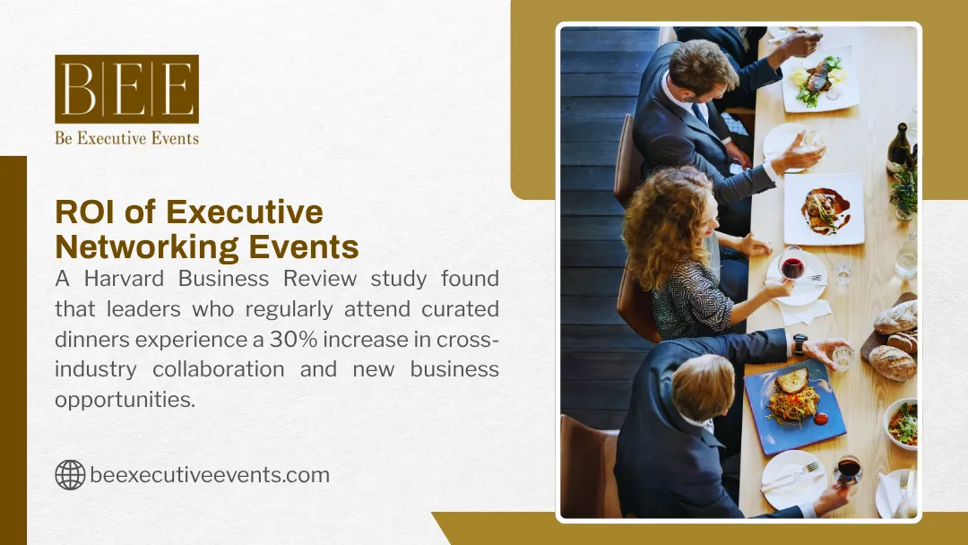 BEE graphic on executive networking event ROI, overhead photo of business people dining with wine at a long table