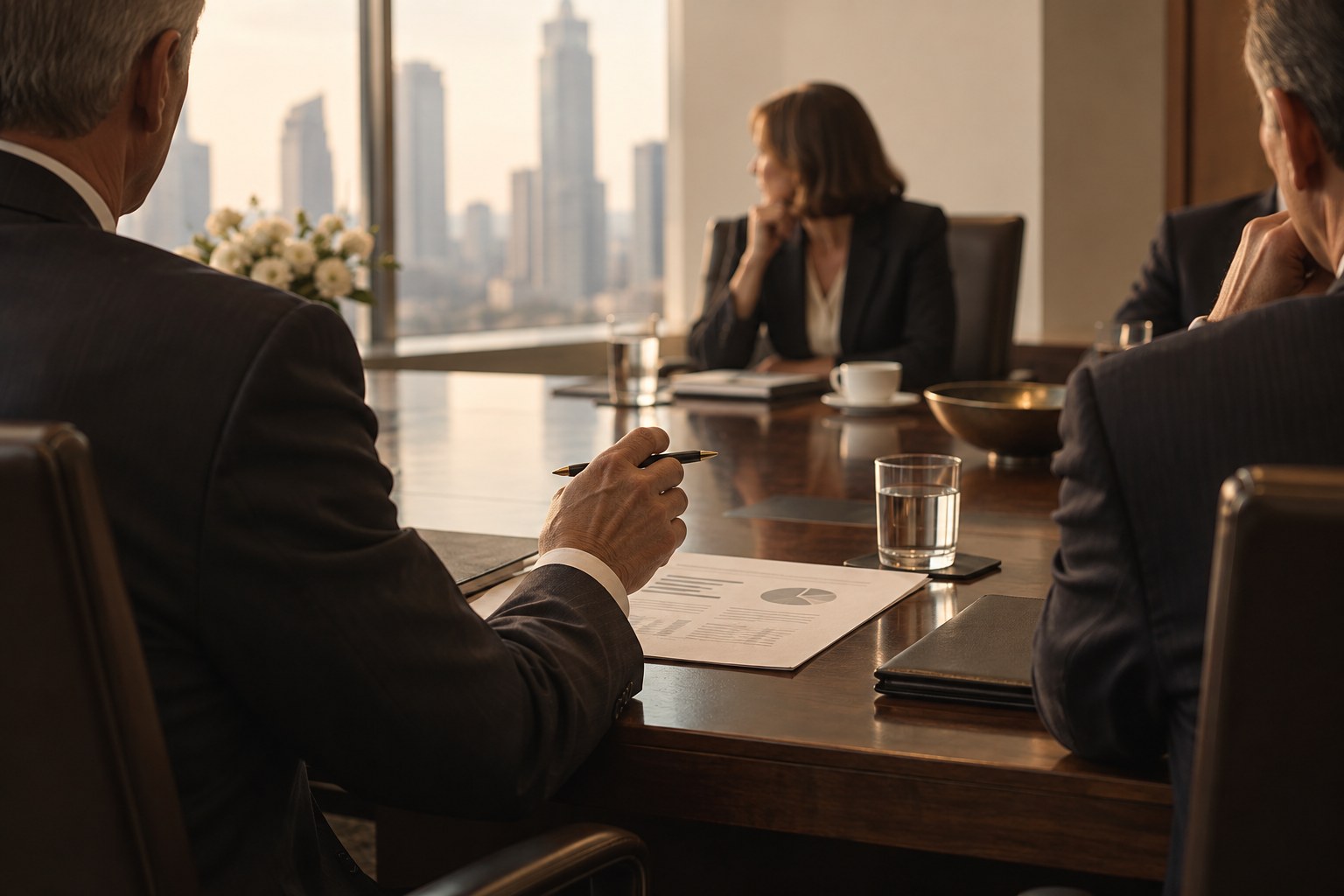 Finance executives in a closed-door roundtable, with a hand and pen resting on a printed financial summary in the foreground