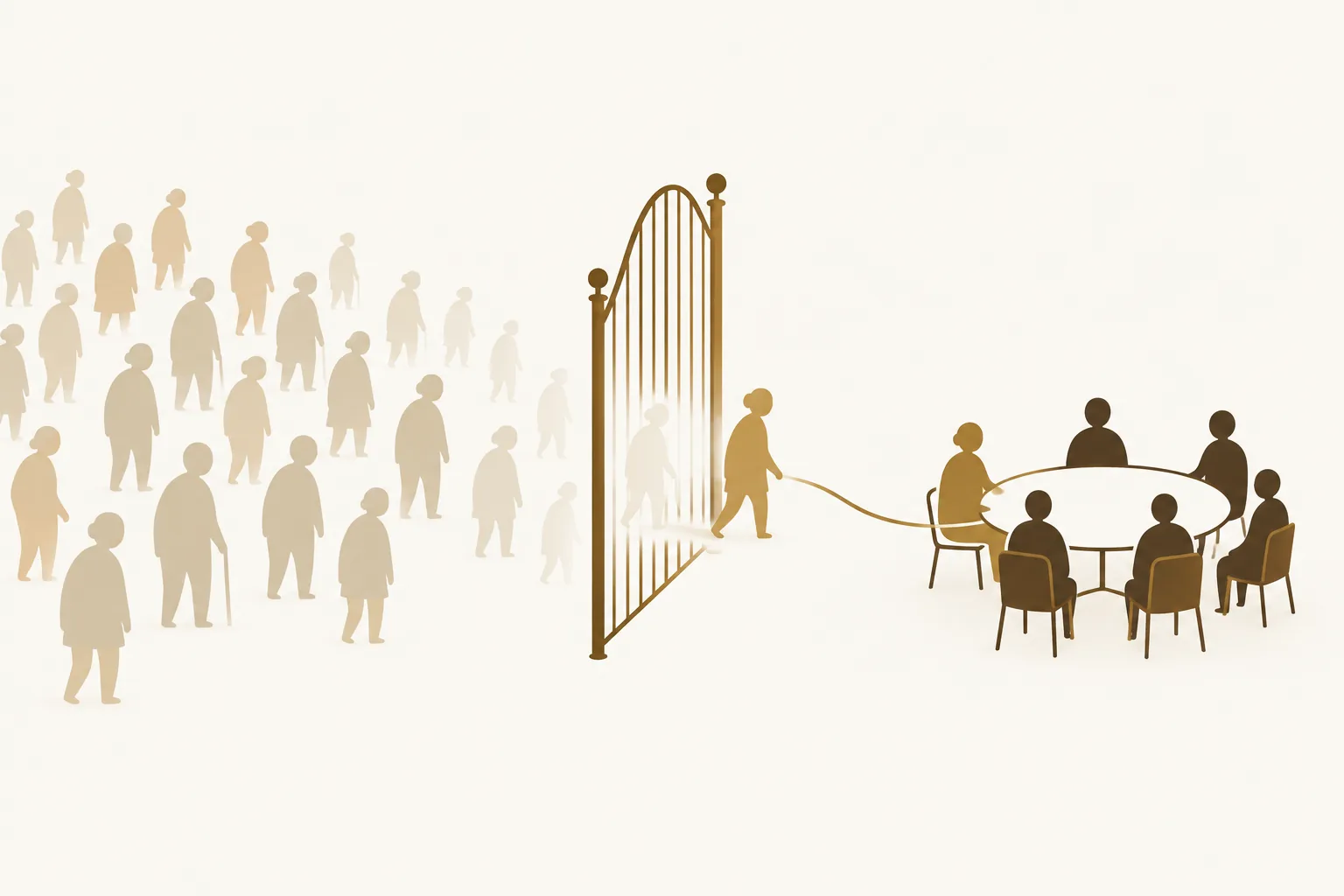 Illustration of a large crowd filtered through an invitation-only gate, with a small matched group of executives admitted to the table