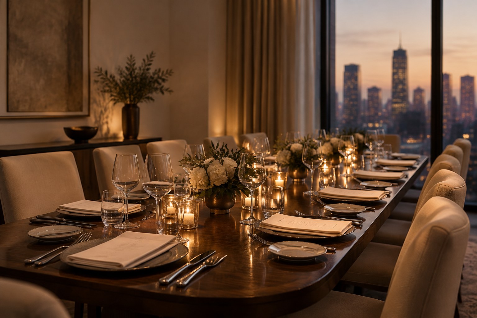 Long private dining table set with linen, set-menu cards and wine glasses for an intimate executive dinner of about twelve guests, lit by candlelight