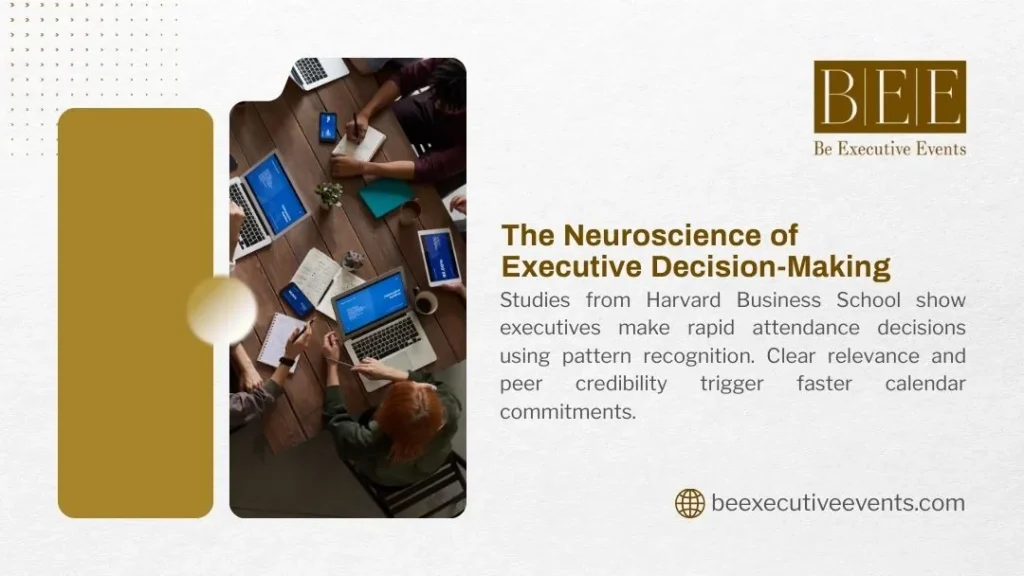 Graphic titled The Neuroscience of Executive Decision Making with overhead photo of people using laptops at a table
