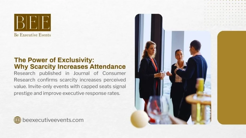 Graphic titled The Power of Exclusivity with three business professionals talking by tall windows holding drinks