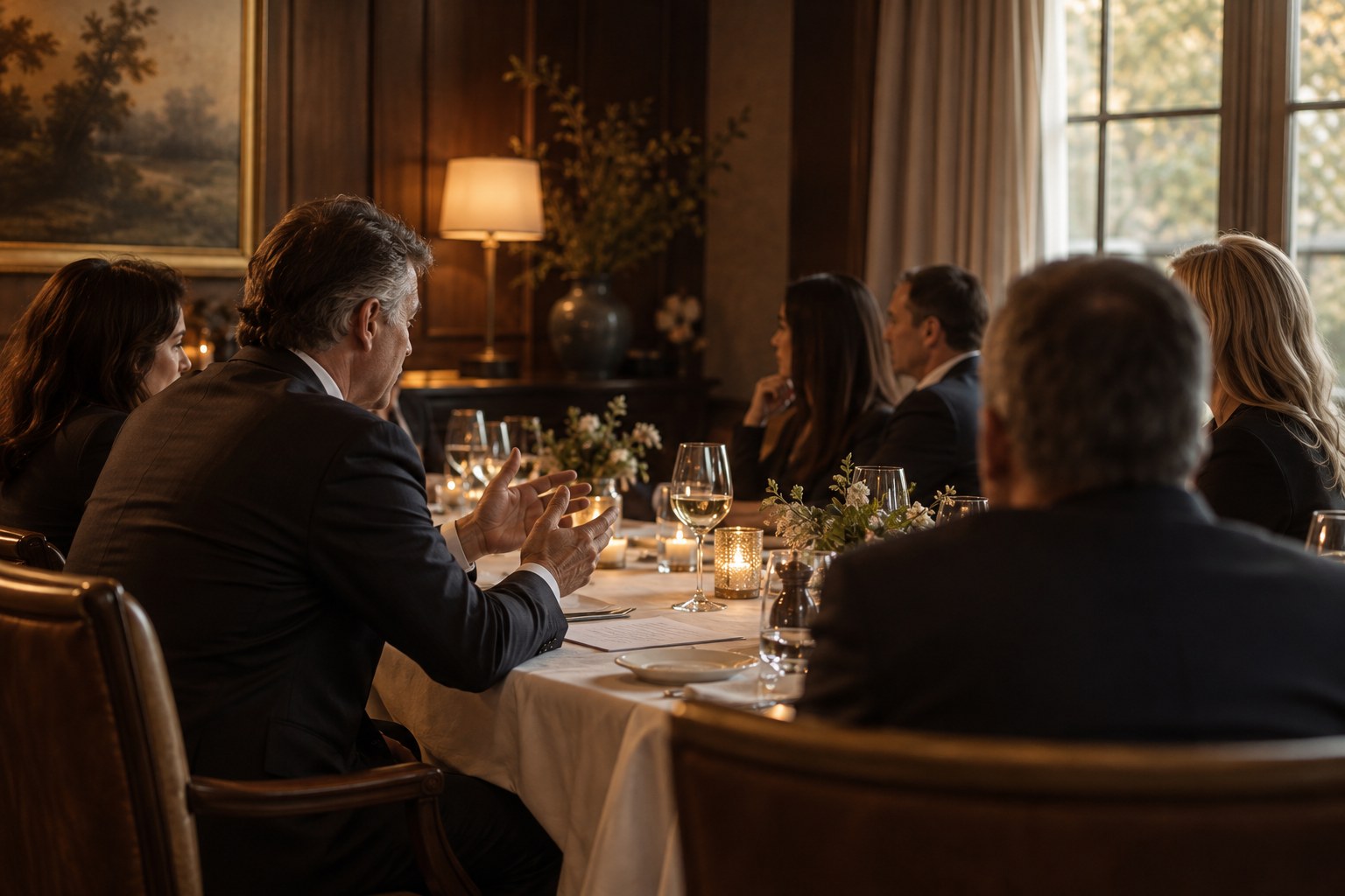 Presenter speaking without slides to a small group of senior executives around a candlelit private dinner table