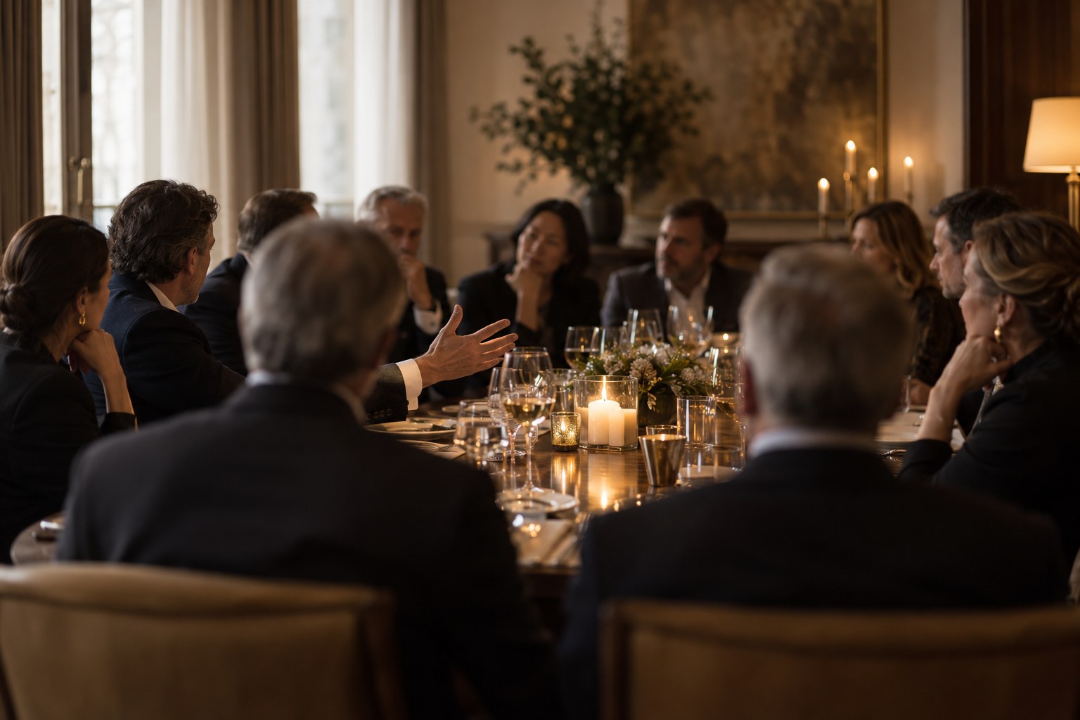Senior executives in conversation around a single candlelit dinner table in a private dining room, seen from behind two seated guests