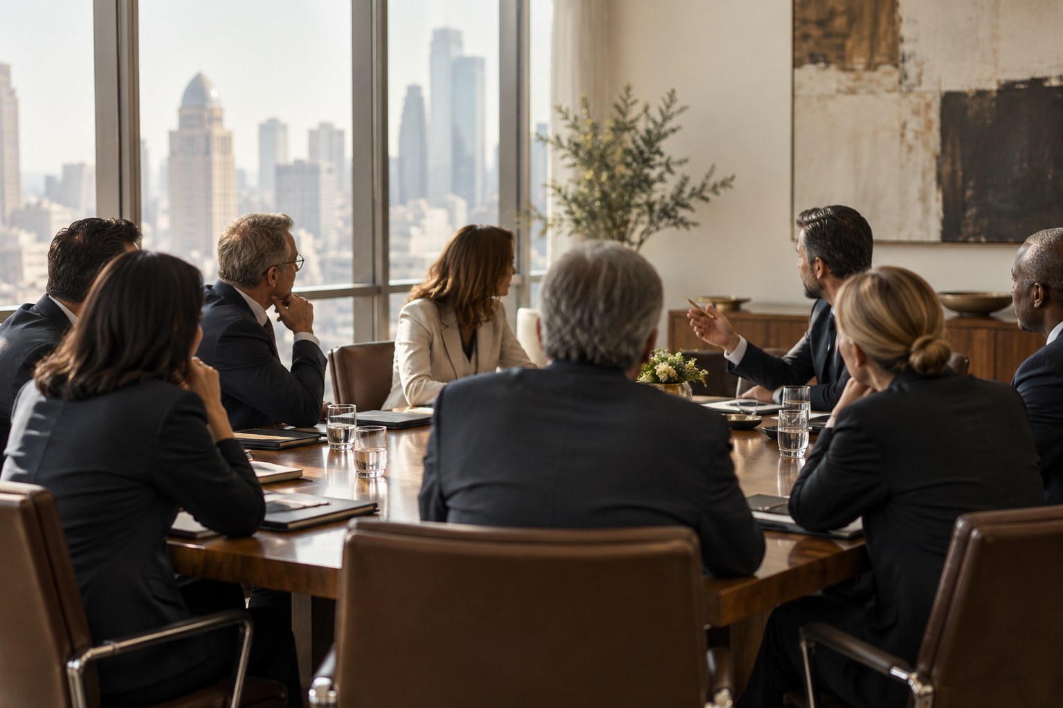 Senior executives in a vendor-funded roundtable discussion around a polished boardroom table, seen from behind