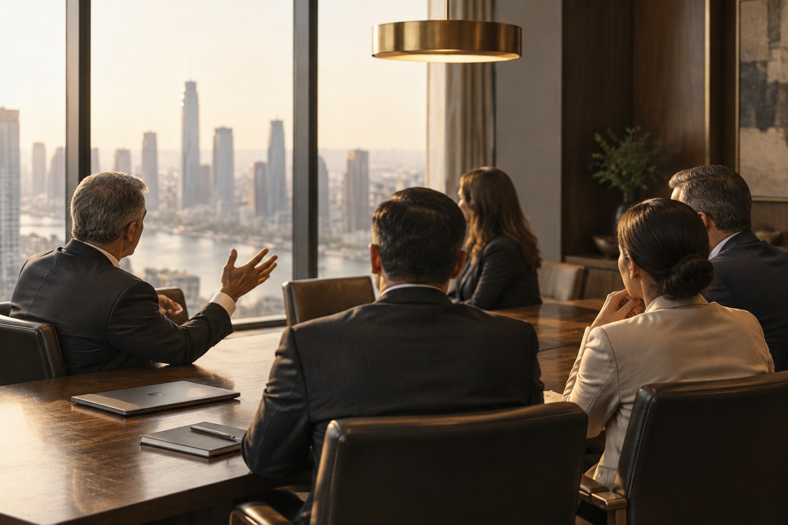 Senior technology executives in a peer roundtable around a boardroom table, seen from behind in soft natural light