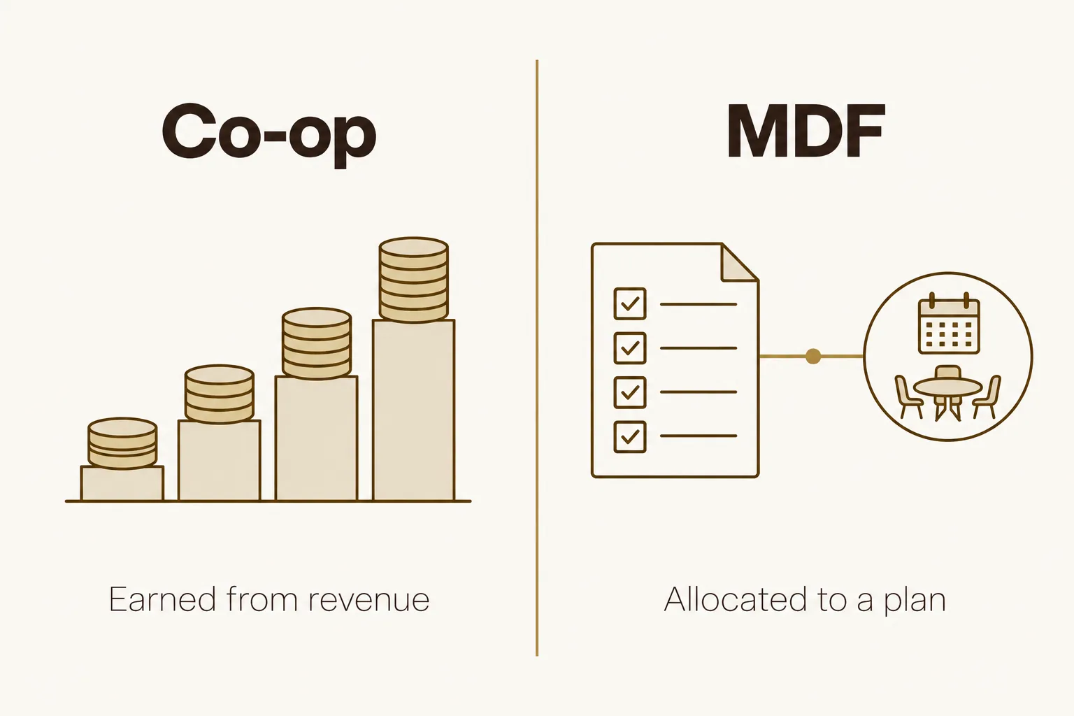 Side-by-side comparison: co-op funds are earned from revenue, while MDF is allocated against a plan before the event